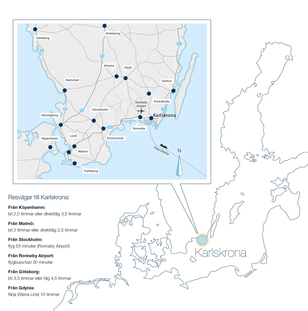 Karta med resvägar till Karlskrona