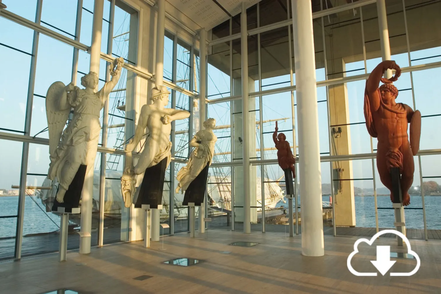 The Figure head hall inside the Naval Museum, Karlskrona with down load cloud-symbol on it